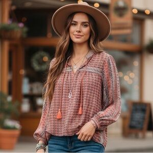 Lucky Brand Coral and Gray Patterned Blouse